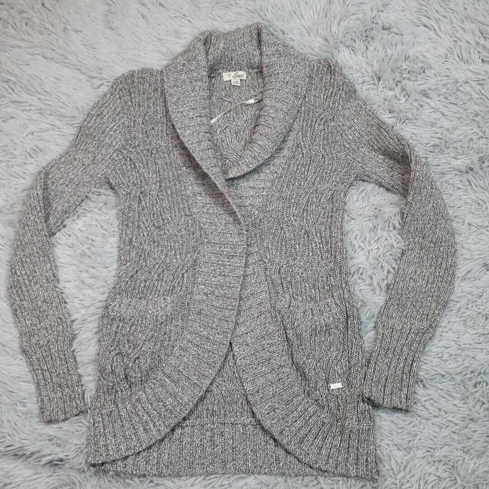 Guess Sweater Womens M Gray Cardigan Snap Up Cozy Comfort Pockets‎ Preppy